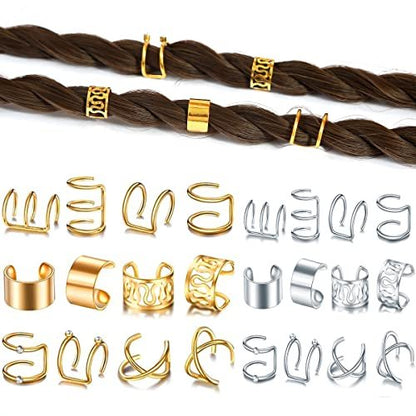 24 Pcs Gold Silver Hair Braids Dreadlock Non-Piercing Ear Clip Beard Beads Cuffs Clip Hair Styling Jewelry Tools for Men Women