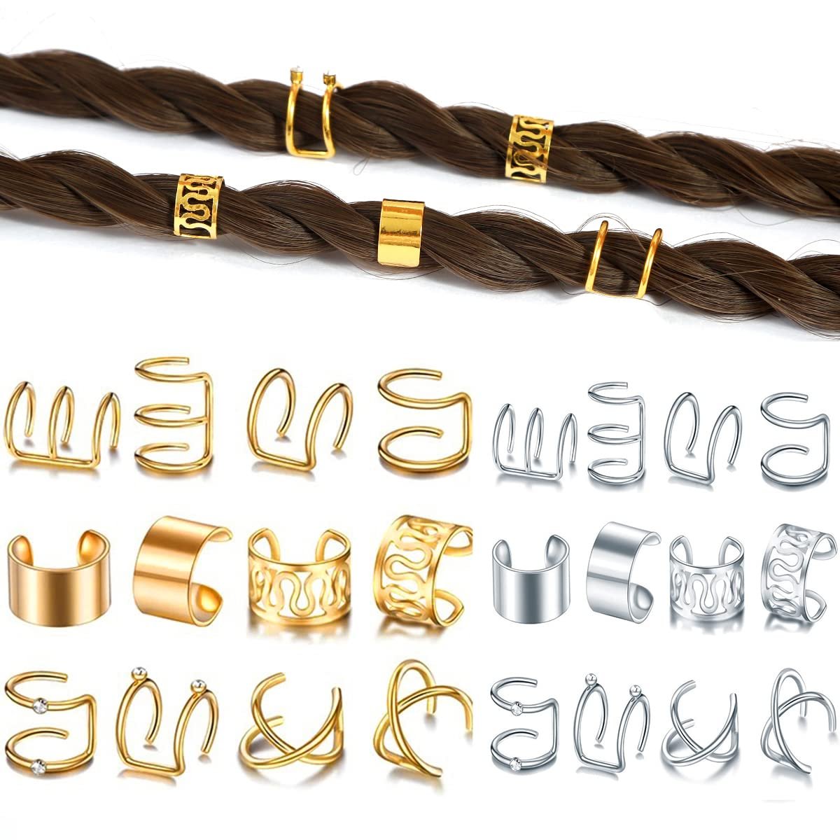 24 Pcs Gold Silver Hair Braids Dreadlock Non-Piercing Ear Clip Beard Beads Cuffs Clip Hair Styling Jewelry Tools for Men Women - görsel 1