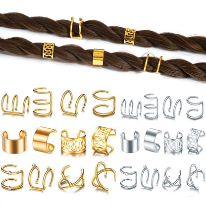24 Pcs Gold Silver Hair Braids Dreadlock Non-Piercing Ear Clip Beard Beads Cuffs Clip Hair Styling Jewelry Tools for Men Women