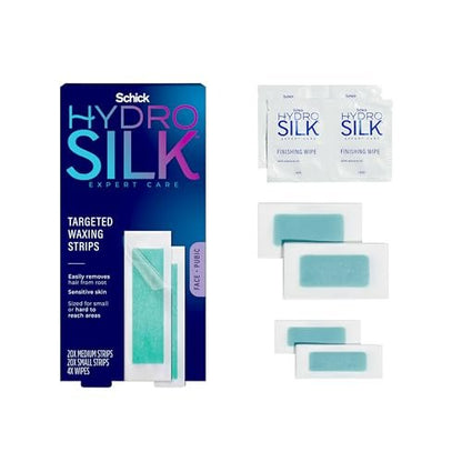 Schick Hydro Silk Targeted Waxing Strips – Soft Wax for Body, Pubic Hair, Eyebrow & Lip, Bikini Wax Kit for Women