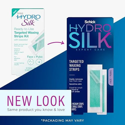 Schick Hydro Silk Targeted Waxing Strips – Soft Wax for Body, Pubic Hair, Eyebrow & Lip, Bikini Wax Kit for Women