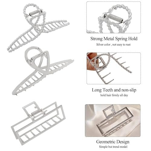 RAUIMOUR 3-Pack Metal Hair Claw Clips for Women – Silver Large Geometric Cross Square Jumbo Catch Barrette Clamps, Nonslip Hairgrip for Thick Thin Hair - görsel 7