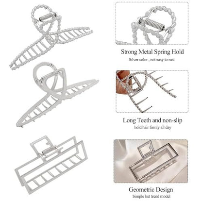 RAUIMOUR 3-Pack Metal Hair Claw Clips for Women – Silver Large Geometric Cross Square Jumbo Catch Barrette Clamps, Nonslip Hairgrip for Thick Thin Hair