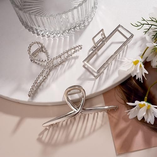 RAUIMOUR 3-Pack Metal Hair Claw Clips for Women – Silver Large Geometric Cross Square Jumbo Catch Barrette Clamps, Nonslip Hairgrip for Thick Thin Hair - görsel 11