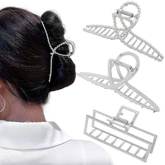 RAUIMOUR 3-Pack Metal Hair Claw Clips for Women – Silver Large Geometric Cross Square Jumbo Catch Barrette Clamps, Nonslip Hairgrip for Thick Thin Hair