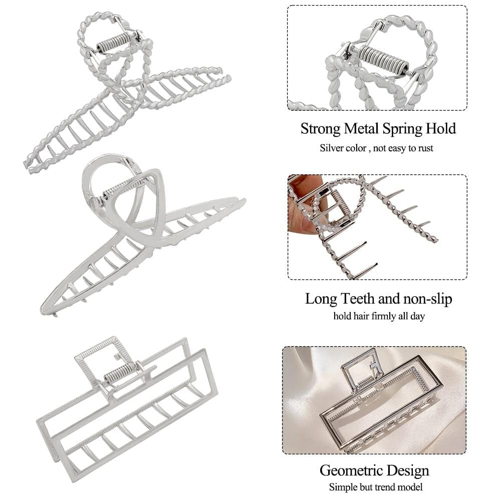RAUIMOUR 3-Pack Metal Hair Claw Clips for Women – Silver Large Geometric Cross Square Jumbo Catch Barrette Clamps, Nonslip Hairgrip for Thick Thin Hair - görsel 6