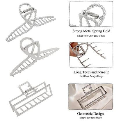 RAUIMOUR 3-Pack Metal Hair Claw Clips for Women – Silver Large Geometric Cross Square Jumbo Catch Barrette Clamps, Nonslip Hairgrip for Thick Thin Hair