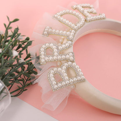 Elegant Pearl Veil Bride Headband - White Satin Hairband with 'BRIDE' Decor & Rhinestones for Bachelorette Party Avelisse