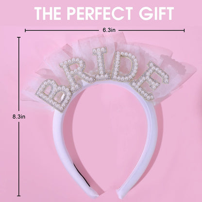 Elegant Pearl Veil Bride Headband - White Satin Hairband with 'BRIDE' Decor & Rhinestones for Bachelorette Party Avelisse