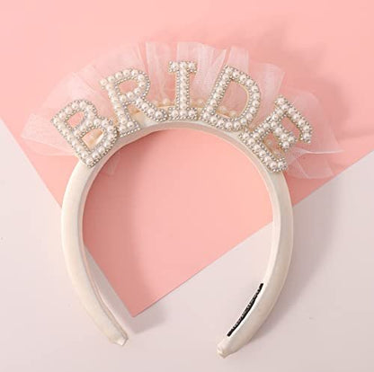 Elegant Pearl Veil Bride Headband - White Satin Hairband with 'BRIDE' Decor & Rhinestones for Bachelorette Party Avelisse