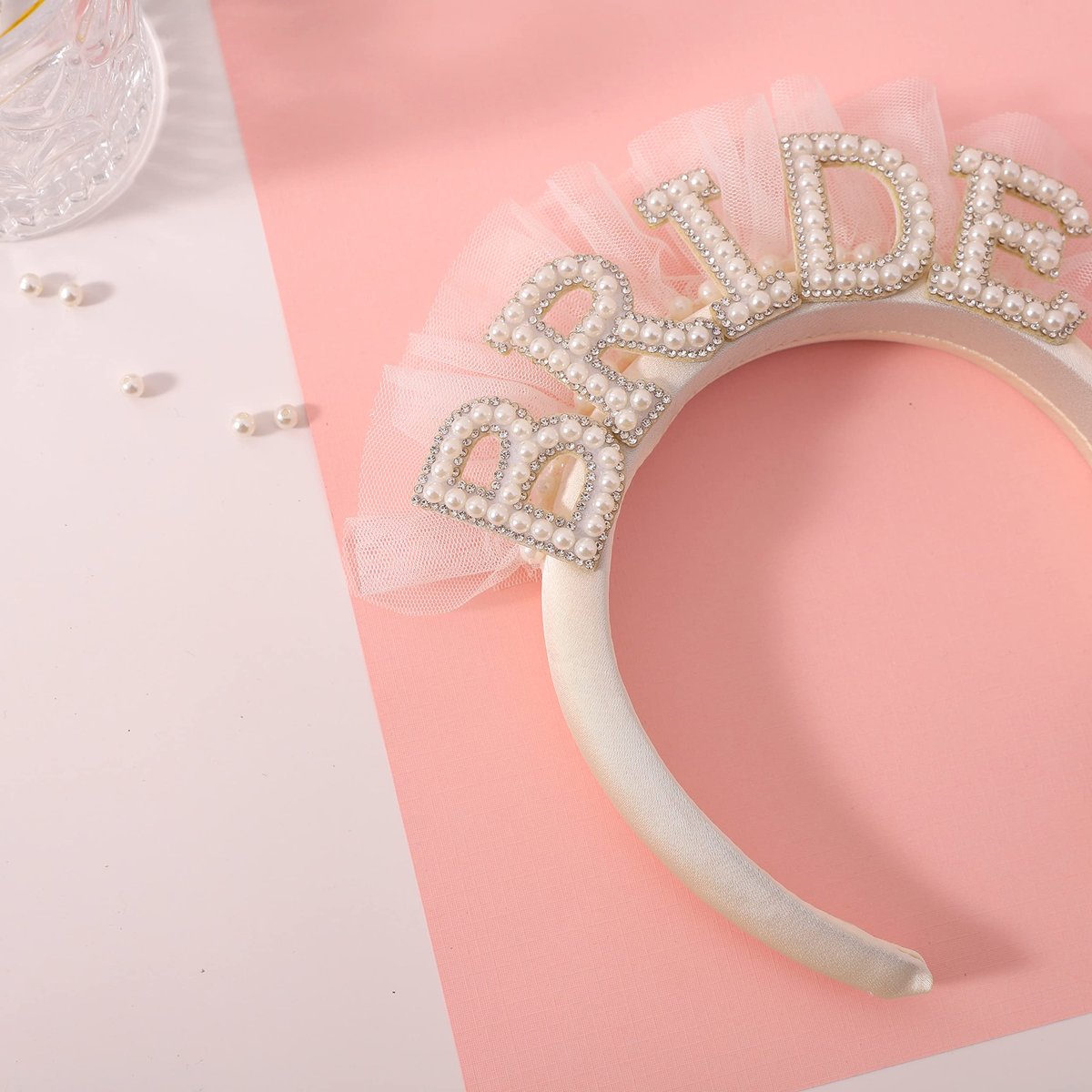 Elegant Pearl Veil Bride Headband - White Satin Hairband with 'BRIDE' Decor & Rhinestones for Bachelorette Party Avelisse