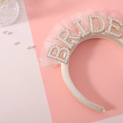 Elegant Pearl Veil Bride Headband - White Satin Hairband with 'BRIDE' Decor & Rhinestones for Bachelorette Party Avelisse