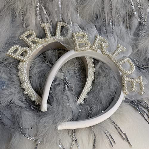 Elegant Pearl Veil Bride Headband - White Satin Hairband with 'BRIDE' Decor & Rhinestones for Bachelorette Party Avelisse