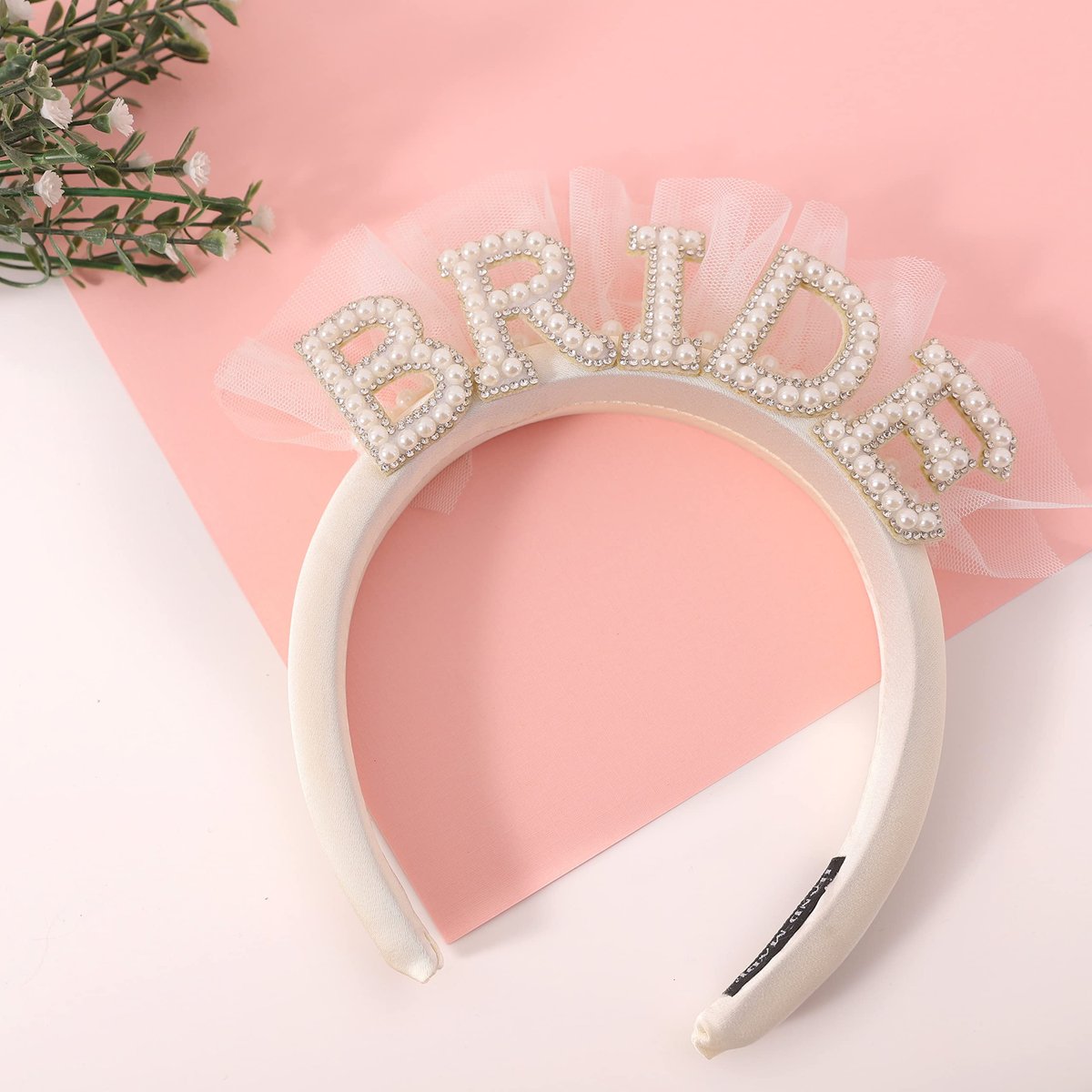 Elegant Pearl Veil Bride Headband - White Satin Hairband with 'BRIDE' Decor & Rhinestones for Bachelorette Party Avelisse