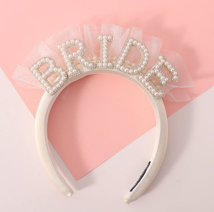 Elegant Pearl Veil Bride Headband - White Satin Hairband with 'BRIDE' Decor & Rhinestones for Bachelorette Party Avelisse