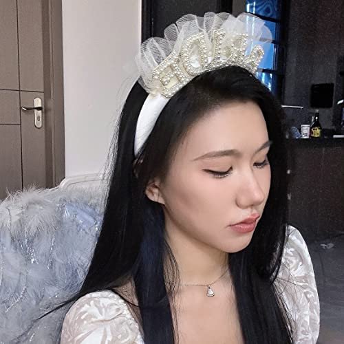 Elegant Pearl Veil Bride Headband - White Satin Hairband with 'BRIDE' Decor & Rhinestones for Bachelorette Party Avelisse