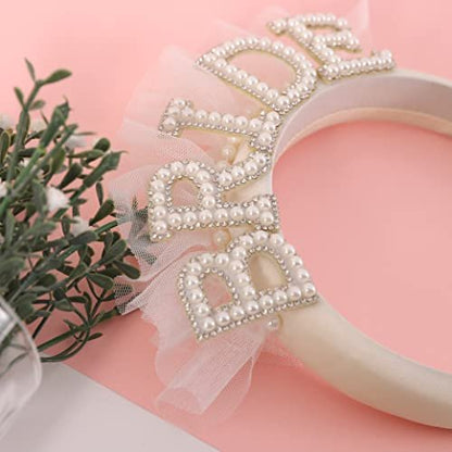 Elegant Pearl Veil Bride Headband - White Satin Hairband with 'BRIDE' Decor & Rhinestones for Bachelorette Party Avelisse