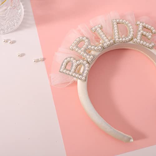 Elegant Pearl Veil Bride Headband - White Satin Hairband with 'BRIDE' Decor & Rhinestones for Bachelorette Party Avelisse
