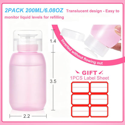MEKK Acetone Pump Dispenser – Push Down Pump Bottle for Nail Polish Remover & Makeup Remover, 2 Pack 200ml (6.8oz) – Pink
