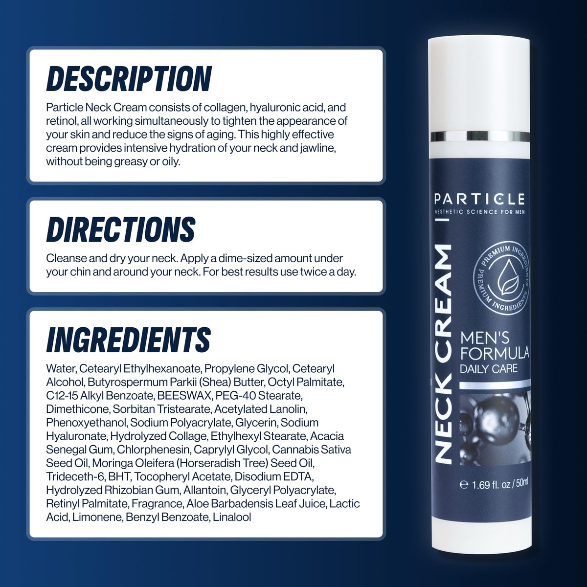 Particle Neck Cream – Daily Hydrating Men's Skin Care with Collagen, Hyaluronic Acid, Retinol, Vitamin E, Moringa Oil & Shea Butter, 1.7 fl oz Avelisse
