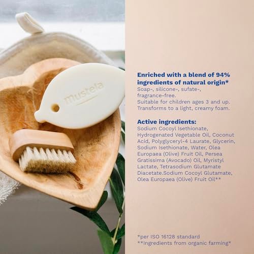 Mustela Solid Shampoo & Body Cleansing Bar for Baby, Kid & Adult - Fragrance-Free, Plastic-Free, Vegan & Biodegradable - with Avocado Oil & Olive Oil - 2.64 oz Avelisse