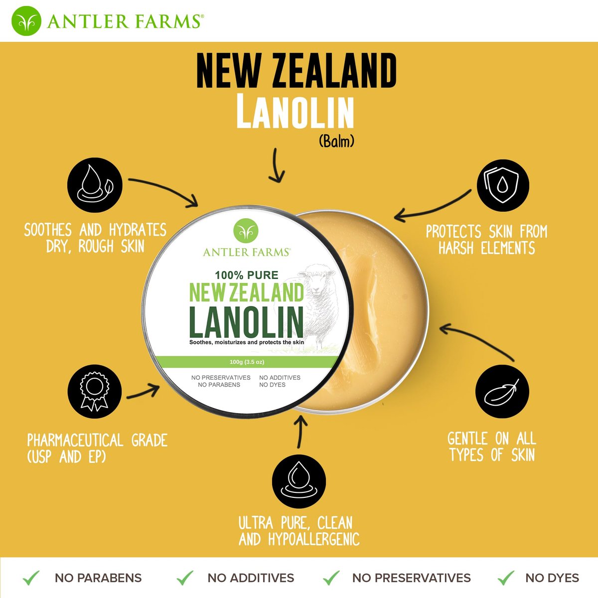 Antler Farms 100% Pure New Zealand Lanolin - 100g (3.53 oz) Refined USP Grade Skin Moisturizer and Protectant Avelisse