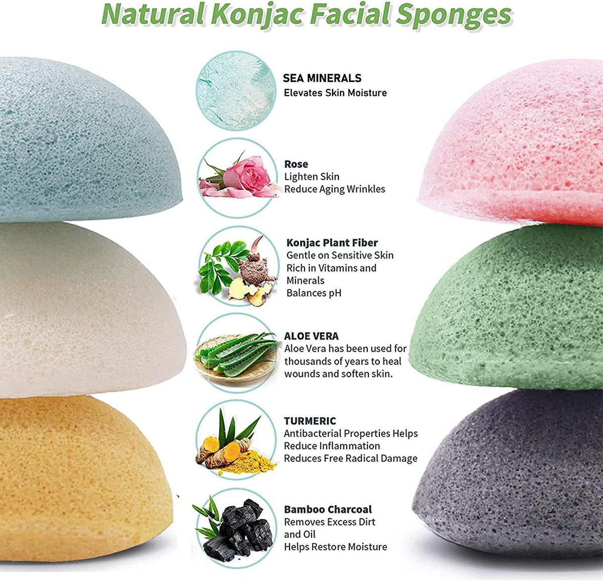DYS Farm Konjac Face Sponges for Cleansing and Exfoliating – Natural Bamboo Charcoal Konjac Facial Sponges for Oily, Dry, Sensitive Skin – 6-Pack Skincare Tool - görsel 3