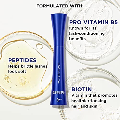 IT Cosmetics Superhero Volumizing Waterproof Mascara – 24HR Wear, Resists Sweat & Humidity, Lash-Loving Biotin & Peptides, Super Black, 0.3 fl oz Avelisse