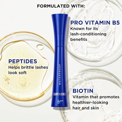 IT Cosmetics Superhero Volumizing Waterproof Mascara – 24HR Wear, Resists Sweat & Humidity, Lash-Loving Biotin & Peptides, Super Black, 0.3 fl oz Avelisse
