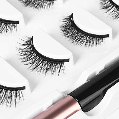 AOMIG Magnetic Eyelashes with Eyeliner Kit – 5 Pairs Natural Look False Lashes with Applicator, Waterproof Eyeliner Reusable Fake Lashes for Makeup Eyelashes Extension (Black)
