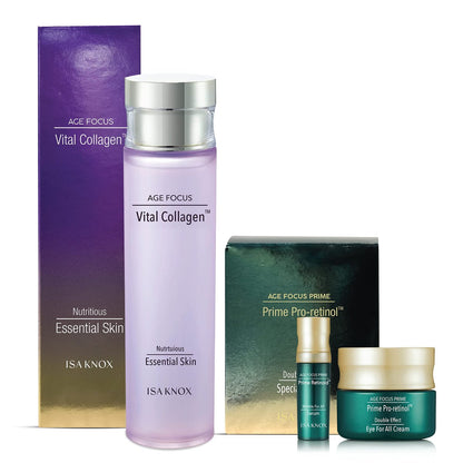 ISA KNOX Age Focus Vital Collagen Essential Toner + Prime Wrinkle Serum & Prime Eye Cream Set by LG Beauty - Korean Skincare (177 ml / 5.99 fl oz)