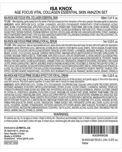 ISA KNOX Age Focus Vital Collagen Essential Toner + Prime Wrinkle Serum & Prime Eye Cream Set by LG Beauty - Korean Skincare (177 ml / 5.99 fl oz)