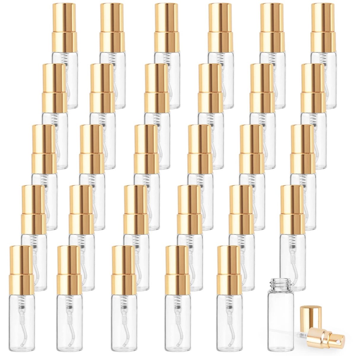 Cositina 30-Pack 3ml Fine Mist Atomizer Glass Bottles - Mini Clear Spray Vials with Gold Lids for Perfume, Fragrance Samples, and DIY Sprays Avelisse