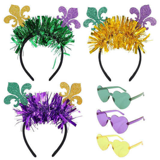 Whaline 6 Pcs Mardi Gras Accessory Set: Glitter Headbands & Heart Glasses for Carnival
