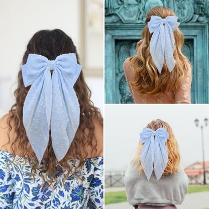 8 Inch Large Satin Hair Bow Clip with Long Tail - Elegant Blue Hair Barrettes for Women & Girls - Oversized French Style Hair Accessory