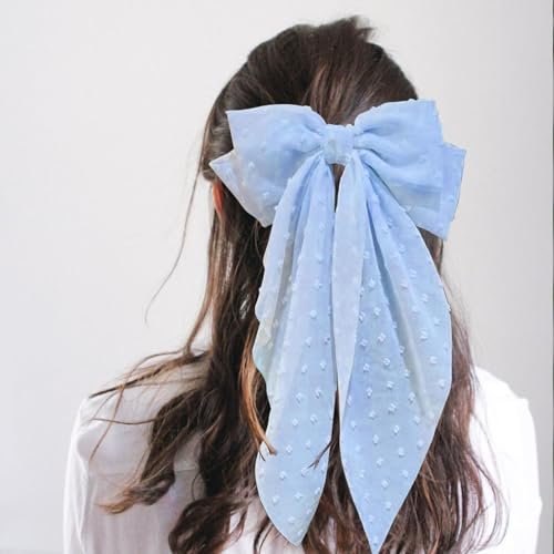 8 Inch Large Satin Hair Bow Clip with Long Tail - Elegant Blue Hair Barrettes for Women & Girls - Oversized French Style Hair Accessory - görsel 12