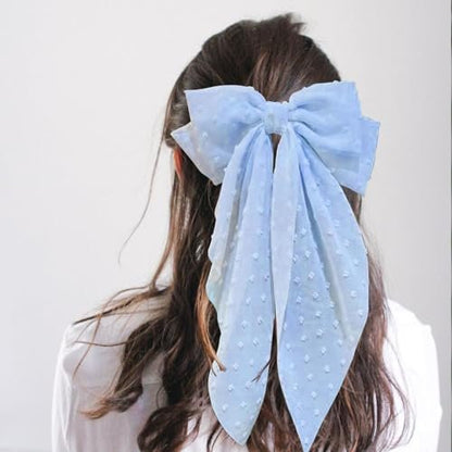 8 Inch Large Satin Hair Bow Clip with Long Tail - Elegant Blue Hair Barrettes for Women & Girls - Oversized French Style Hair Accessory