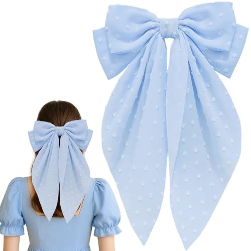 8 Inch Large Satin Hair Bow Clip with Long Tail - Elegant Blue Hair Barrettes for Women & Girls - Oversized French Style Hair Accessory - görsel 2