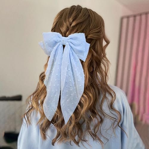 8 Inch Large Satin Hair Bow Clip with Long Tail - Elegant Blue Hair Barrettes for Women & Girls - Oversized French Style Hair Accessory - görsel 4