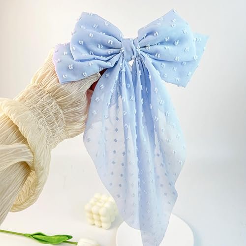 8 Inch Large Satin Hair Bow Clip with Long Tail - Elegant Blue Hair Barrettes for Women & Girls - Oversized French Style Hair Accessory - görsel 10