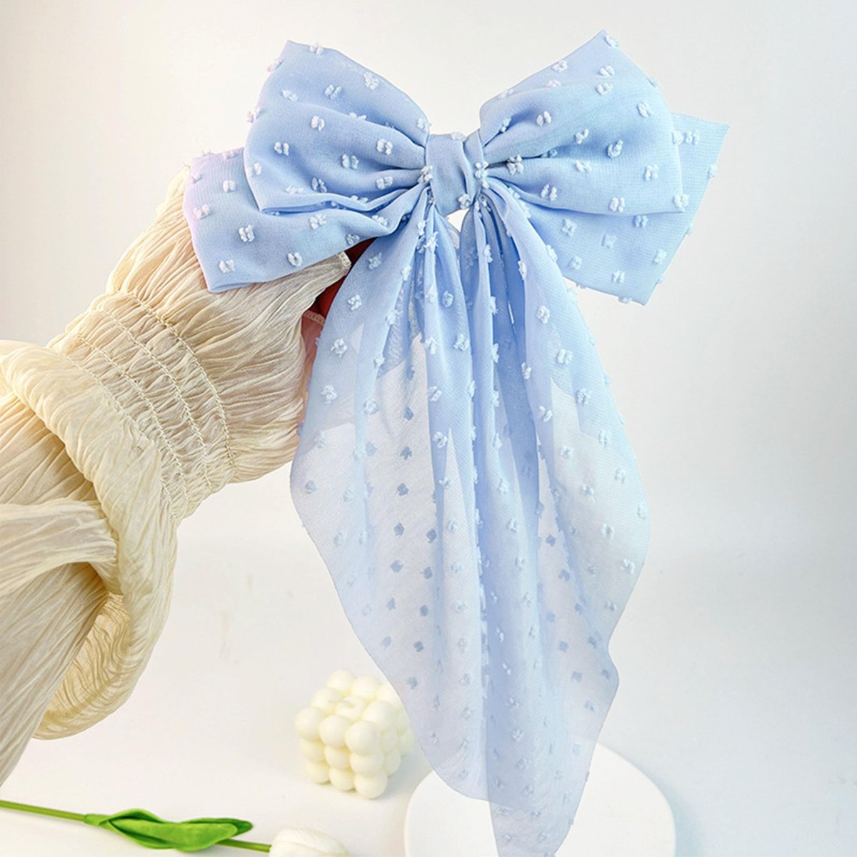8 Inch Large Satin Hair Bow Clip with Long Tail - Elegant Blue Hair Barrettes for Women & Girls - Oversized French Style Hair Accessory - görsel 9