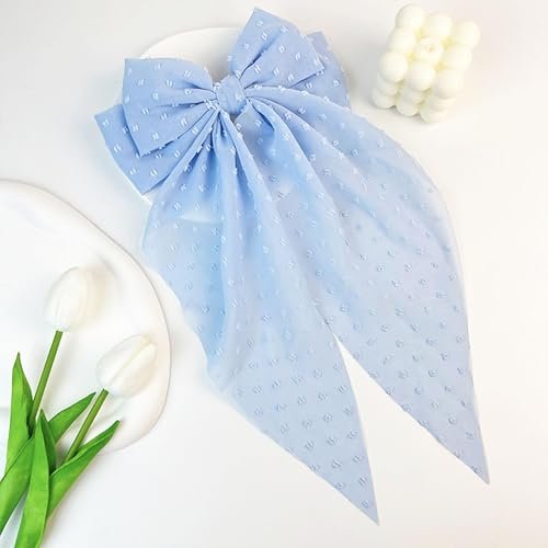 8 Inch Large Satin Hair Bow Clip with Long Tail - Elegant Blue Hair Barrettes for Women & Girls - Oversized French Style Hair Accessory - görsel 8