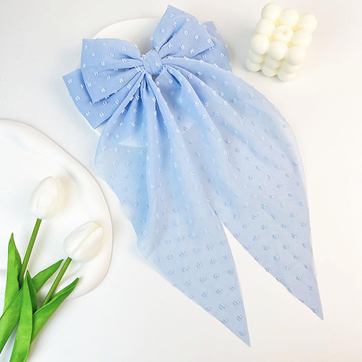 8 Inch Large Satin Hair Bow Clip with Long Tail - Elegant Blue Hair Barrettes for Women & Girls - Oversized French Style Hair Accessory - görsel 7