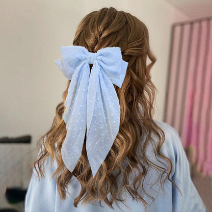 8 Inch Large Satin Hair Bow Clip with Long Tail - Elegant Blue Hair Barrettes for Women & Girls - Oversized French Style Hair Accessory