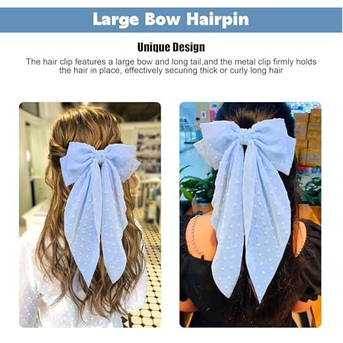 8 Inch Large Satin Hair Bow Clip with Long Tail - Elegant Blue Hair Barrettes for Women & Girls - Oversized French Style Hair Accessory - görsel 14