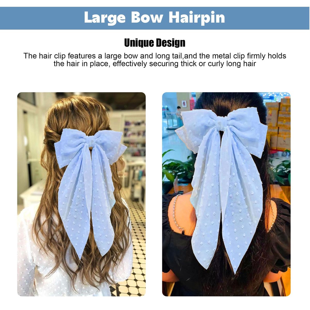 8 Inch Large Satin Hair Bow Clip with Long Tail - Elegant Blue Hair Barrettes for Women & Girls - Oversized French Style Hair Accessory - görsel 13