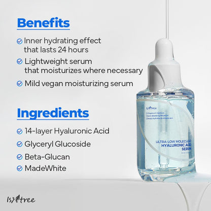 ISNTREE Ultra-Low Molecular Hyaluronic Acid Serum - Deep Hydration Vegan Korean Skincare, 1.69 fl.oz