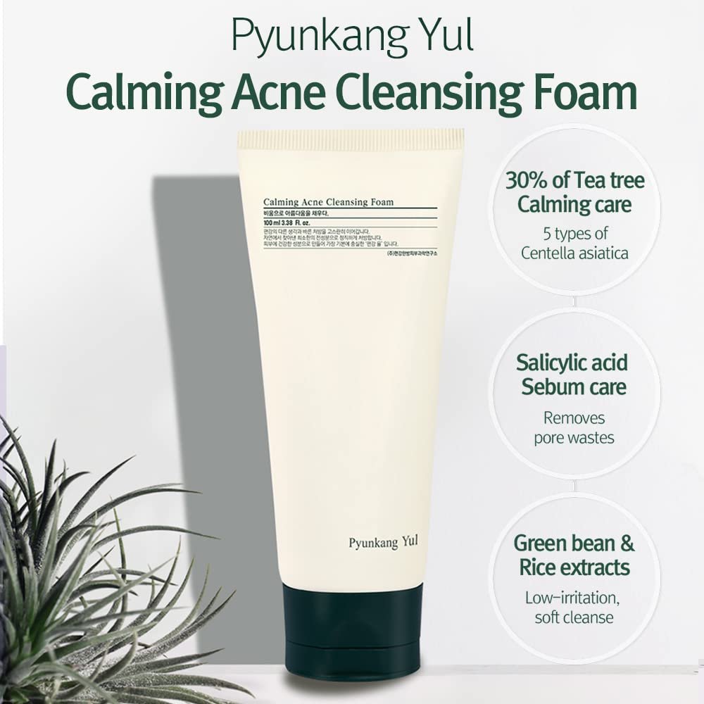 Pyunkang Yul Calming Cleansing Foam - Low pH Facial Wash with Witch Hazel, AHA, Cica & Tea Tree Extract for Oil Control, 3.38 Fl Oz Avelisse