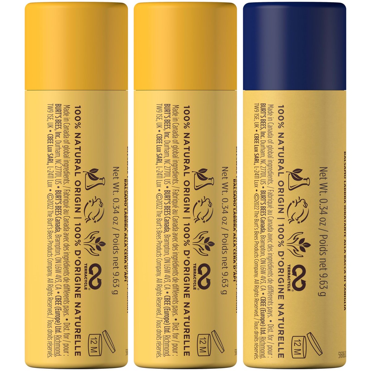 Burt's Bees Moisturizing Lip Balm - 2 Original Beeswax & 1 Vanilla Bean, 100% Natural Origin, 0.34 oz Each (3 Paper Tubes) Avelisse