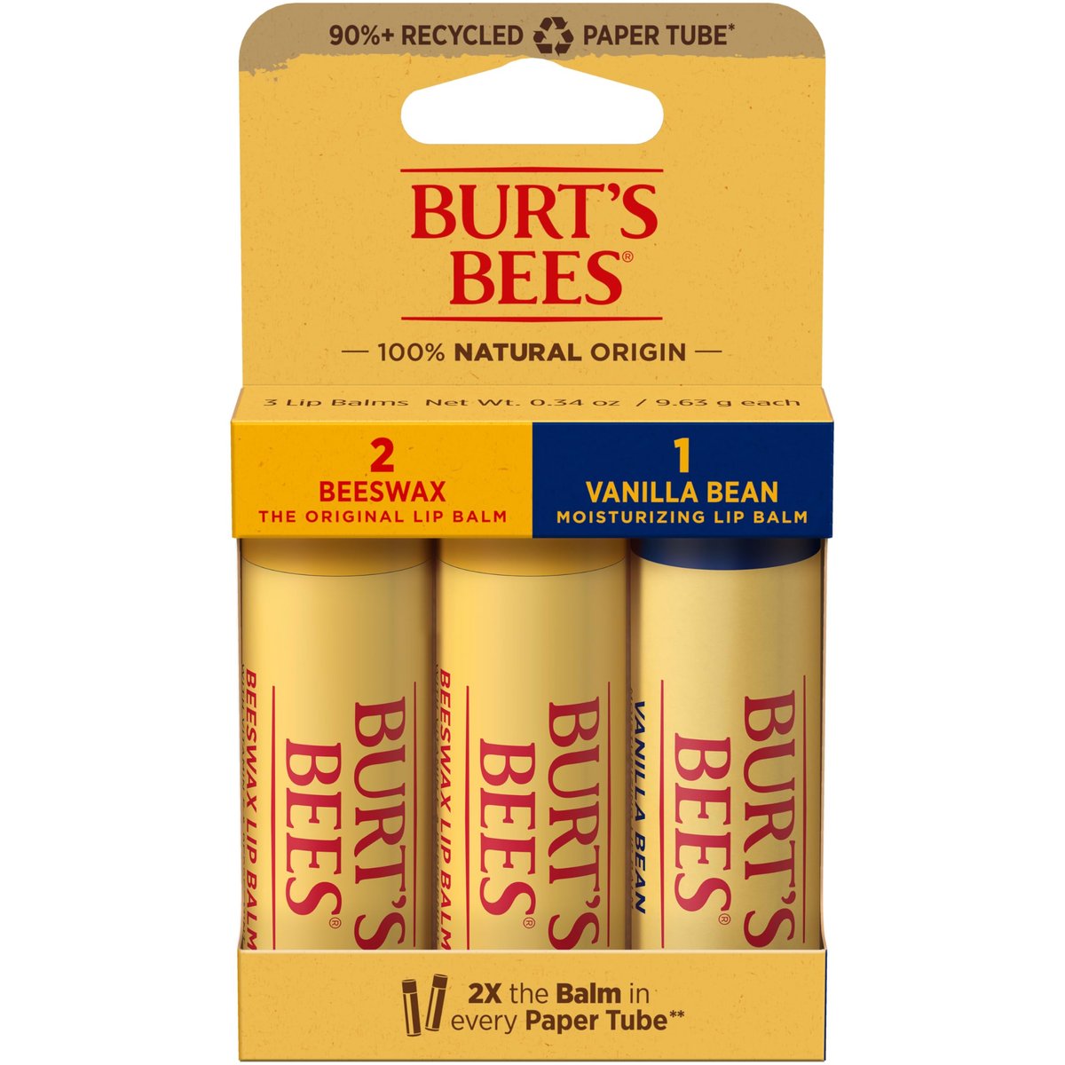 Burt's Bees Moisturizing Lip Balm - 2 Original Beeswax & 1 Vanilla Bean, 100% Natural Origin, 0.34 oz Each (3 Paper Tubes) Avelisse